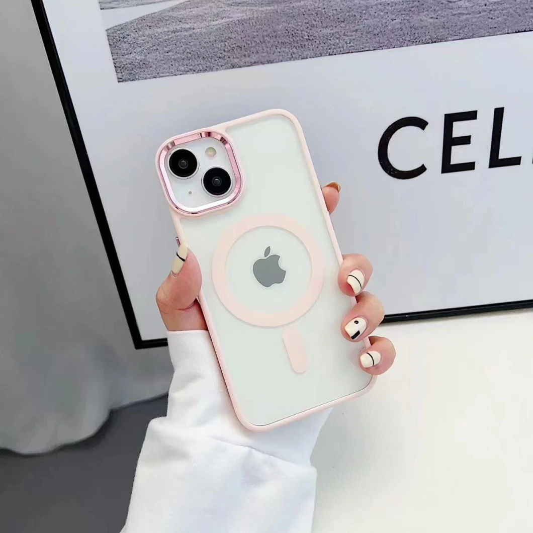 High Quality Magsafe Magnetic Transparent Metal Camera Lens Frame Clear Mobile Phone Case for iPhone 11 12 13 14 Acrylic Back Cover Parts