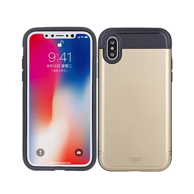 Titulaire de la carte de crédit Wallet Phone Case TPU + PC Wire Drawing Hard Case pour iPhone X