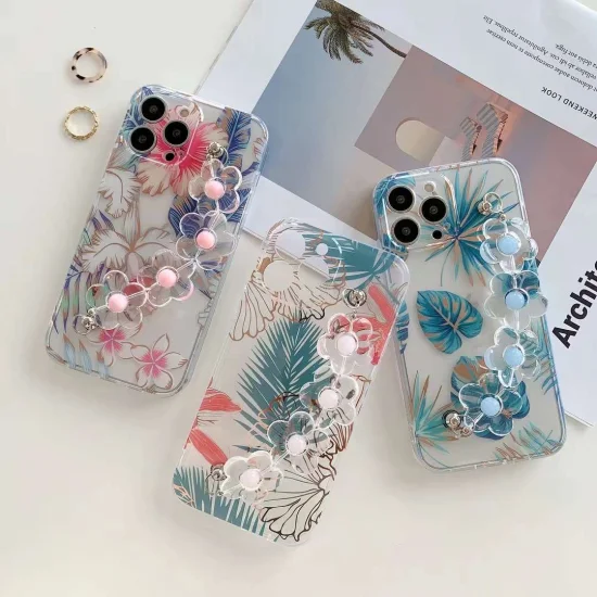 Luxe IMD Crystal Wristband Galvanoplastie Plantes Flower Mobile Phone Case pour iPhone 14 PRO Max Cell Case avec Strap Band